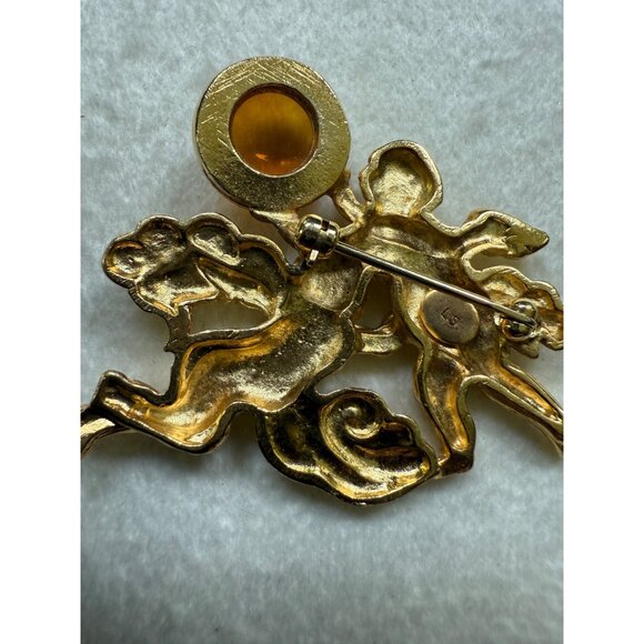 Signed LS Gold Tone  Amber Angels Playing Brooch Pin Creepy Eyes - Picture 5 of 6